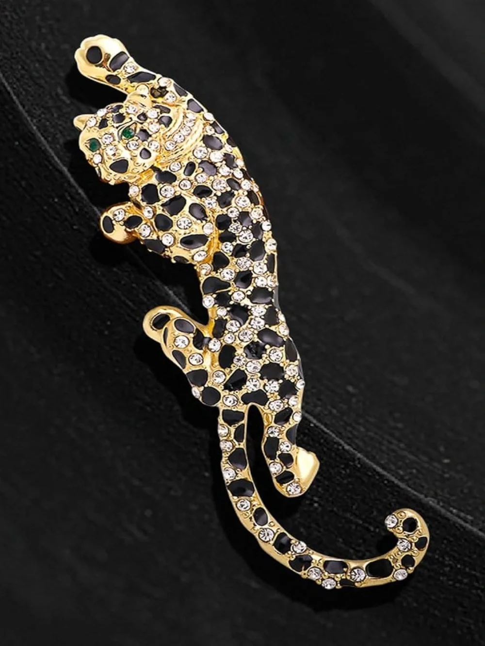 Leopard Brooch with Black Spots and Green Eyes